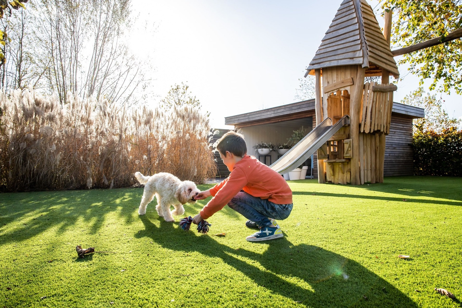 Spelende jongen en hond op kunstgras